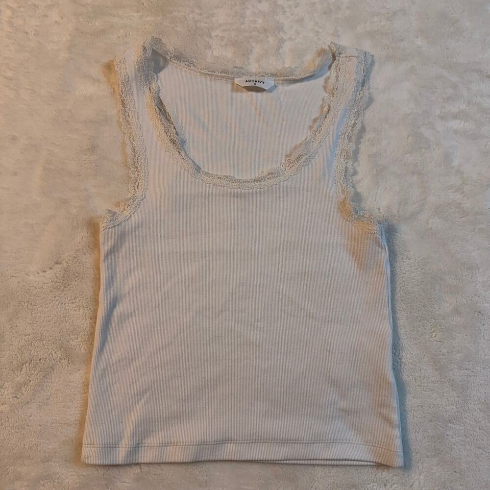 White Amy & Ivy Ribbed Lace-Trim Camisole Tank top